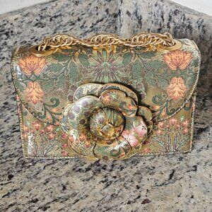 RARE OSCAR DE LA RENTA GOLD FLORAL TRO GARDENIA FLOWER LEATHER HANDBAG BAG